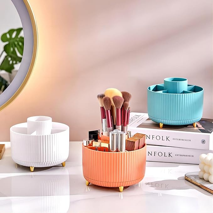 DASITON Large Capacity Makeup Brush Holder,360° Rotating Makeup Organizer,5 Slot Makeup Brushes Cup,for Vanity Decor,Bathroom Countertops,Desk Storage Container,Cosmetic Display cases(Orange)