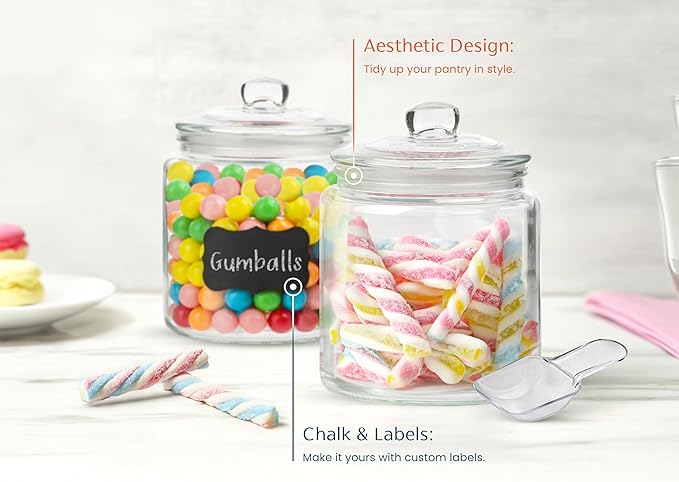 KooK Glass Storage Jars with Lids - 29oz (Set of 2), Kitchen Canisters for Sugar, Cookies, Cotton Balls, Glass Containers with Chalkboard Labels and Airtight Lid