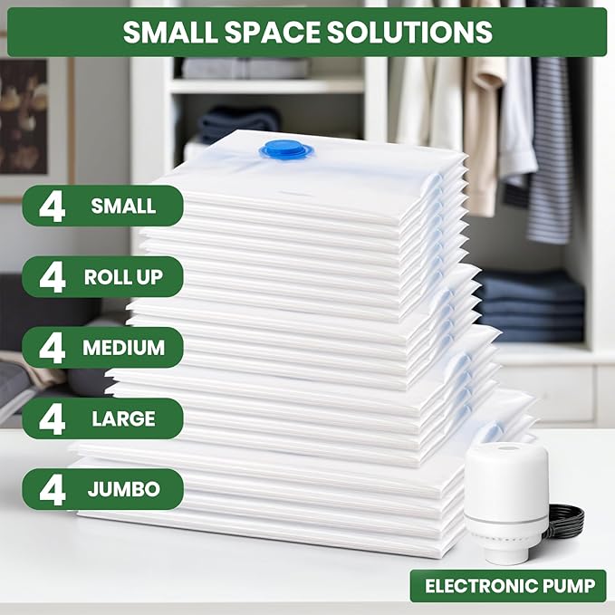 Vacuum Storage Bags,20Pack Vacuum Seal Bags with Electric Air Pump,Vacuumm Seal Bag for Clothing,Travel,Clothes,Comforters,Blankets,Pillows-4 Jumbo+4 Large+4 Medium+4 Small+4 Roll Up Space Saving Bag