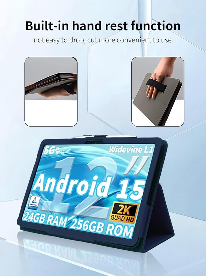 Case for QDDQ TAB9 Tablet 12 inch Android 15 TabletsUYRUREL Leather Slim Folding Stand Cover with Hand Strap Magnet for Men Women Full ProtectionBlue.