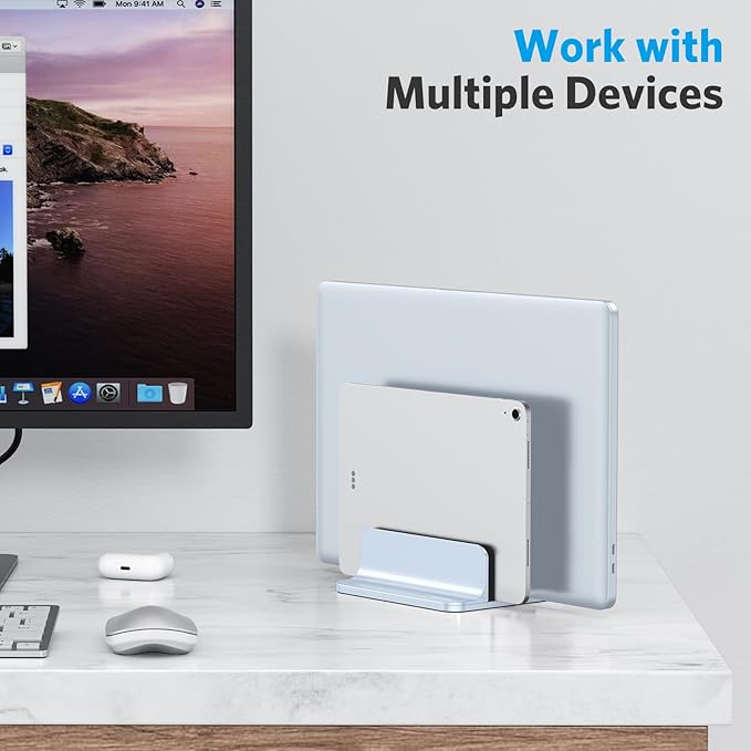 OMOTON Vertical Laptop Stand [Updated Double Version], Desktop Aluminum Mac Book Stand with Adjustable Dock Size, Fits All Mac Book, Surface, Chrome Book and Gaming Laptops (Up to 17.3") (Sky Blue)