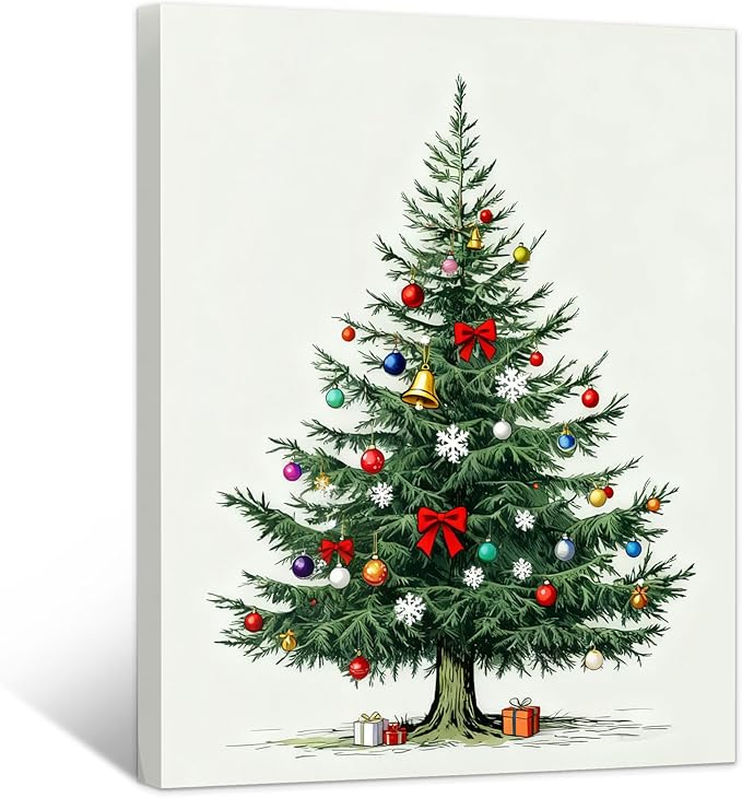 Framed Christmas Pictures Wall Decor,Vintage Pine Tree Prints,Winter Christmas Canvas Wall Art Decoration for Bedroom Bathroom Living Room Rustic Xmas Holiday Gifts (Christmas Tree 8, 20'' X 32'')