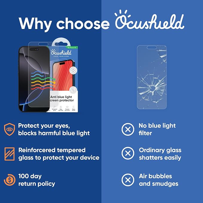 Ocushield Anti Blue Light Tempered Glass Screen Protector of iPhone SE – Blocks Blue Light Prevents Eye Strain &amp Helps You Sleep Better 9H Hardness &amp Case Friendly