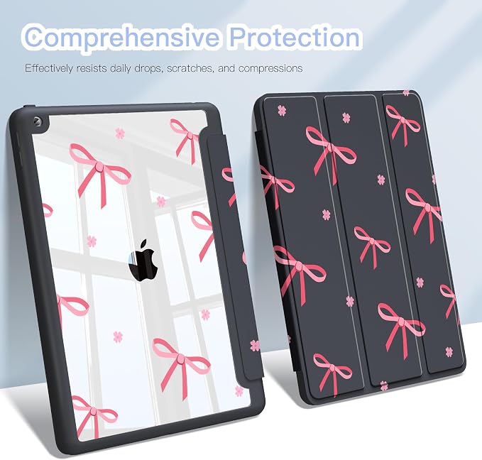Teryeefi for iPad 10.2 case 2021 20202019 Release 7th 8th 9th Generation Built in Pencil Holder - Stand-Auto Wake/Sleep TPU &amp Hard Stand Clear Back Cover for 10.2 iPad (Black Bow)