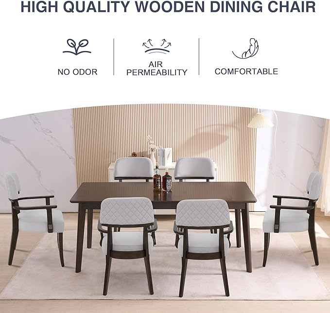 Modern Wood Dining Chairs with Arms, Velvet Upholstered Kitchen Chairs with Black Hardwood Legs & Open Curved Backrest, Accent Chairs 350 LBS Capacity, Grey