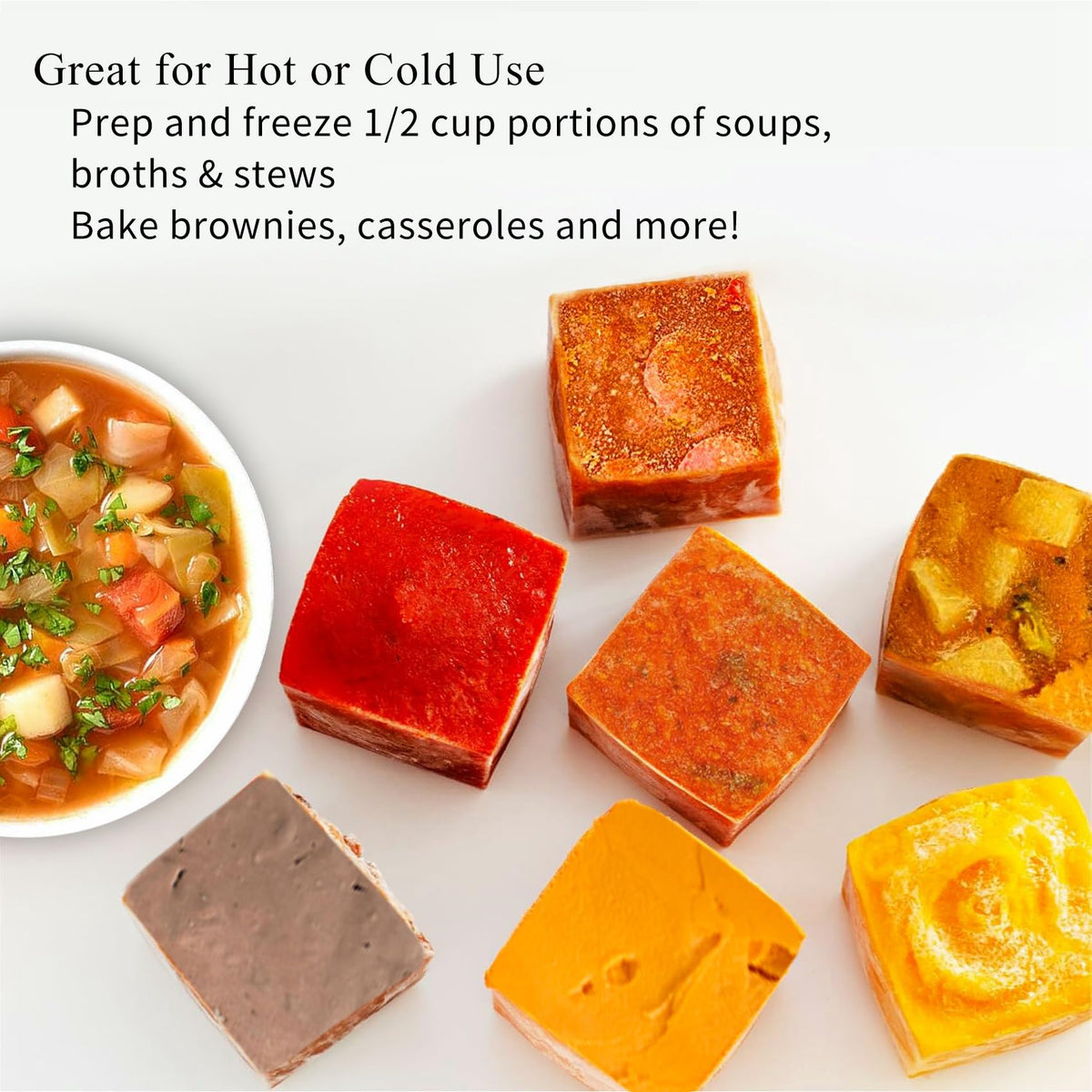 1/2 Cup Silicone Freezer Tray With Lid,Silicone Freezer Molds 6-Pack For meal prep & freezing of various sauces and other dishes, makes 48 perfect 1/2 cup portions cubes (Multicolor 6 Pack)