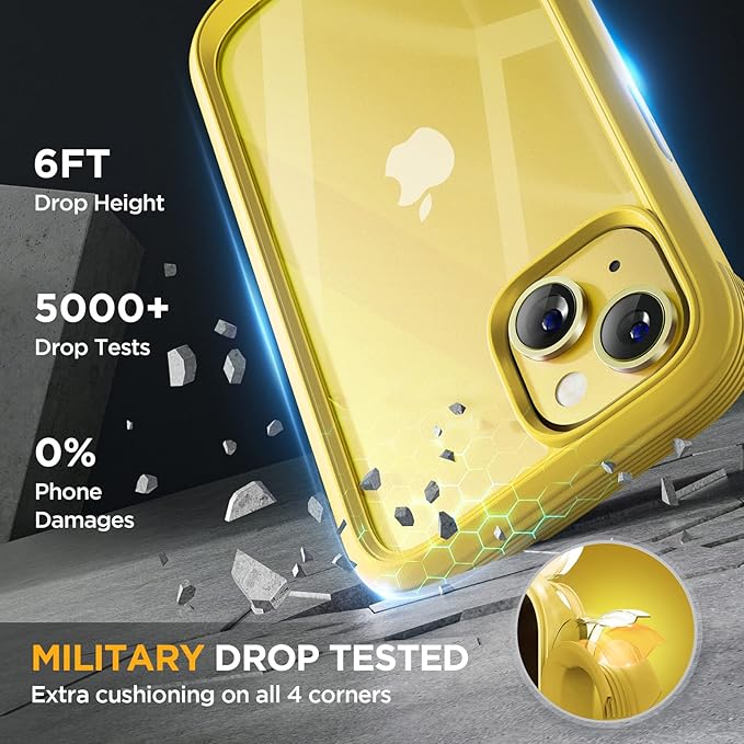 Miracase Glass Series for iPhone 14 Case 6.1 inch, [Built-in Tempered Glass Screen Protector] [Bubble Free] Full-Body Protective Bumper Phone Case with Camera Lens Protector, Lemon