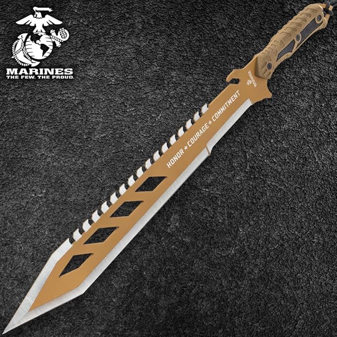 USMC Desert OPS Sawback Machete with Shoulder Strap Sheath - Officially Licensed By United States Marine Corps, Stainless Steel Blade, Non-Reflective Finish, ABS Handle - For Outdoors Job - Length 24"