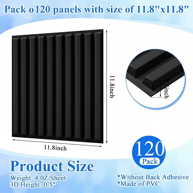 Nuanchu 120 Pcs 3D Slat Wall Panels 12 x 12 Inch PVC Fluted Textured Panel