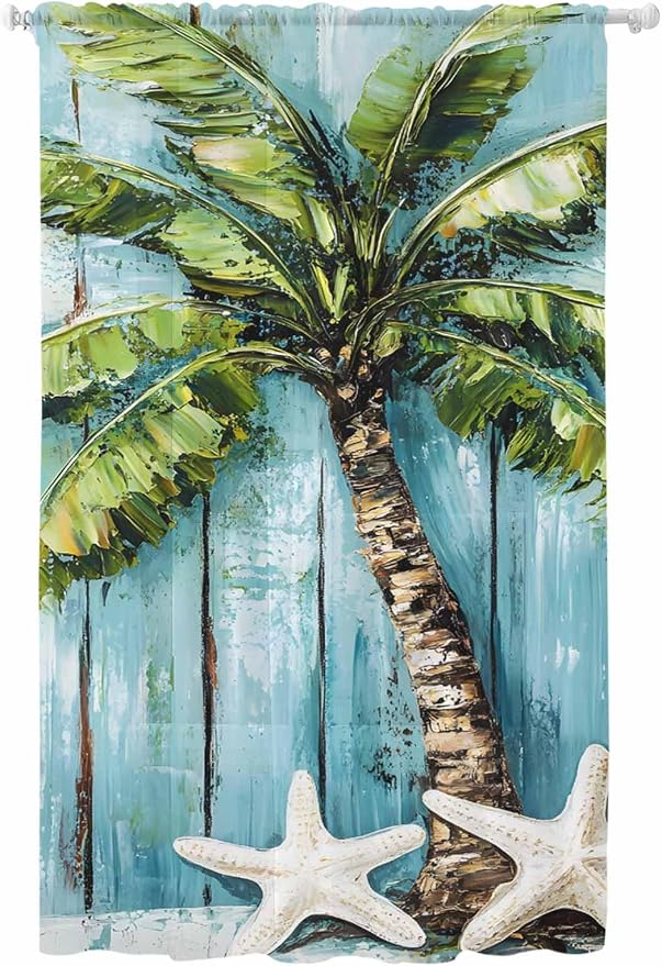 Sheer Curtains 96 Inches Long, Coastal Beach Starfish Semi Sheer Curtains Light