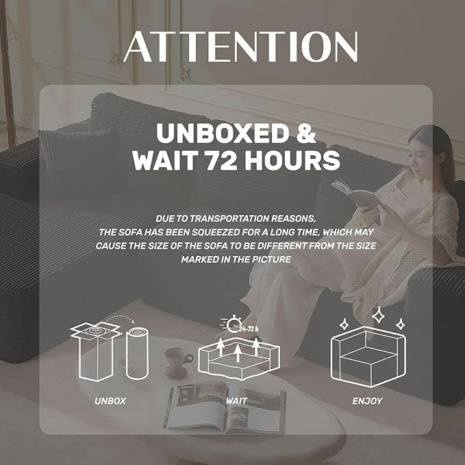 138" Boneless Couch with Deep Seat, Modular Sectional Sofa, Cloud Sectional Couch for Living Room, No Assembly Required, Corduroy, 4 Seater L-Shape Left, Black