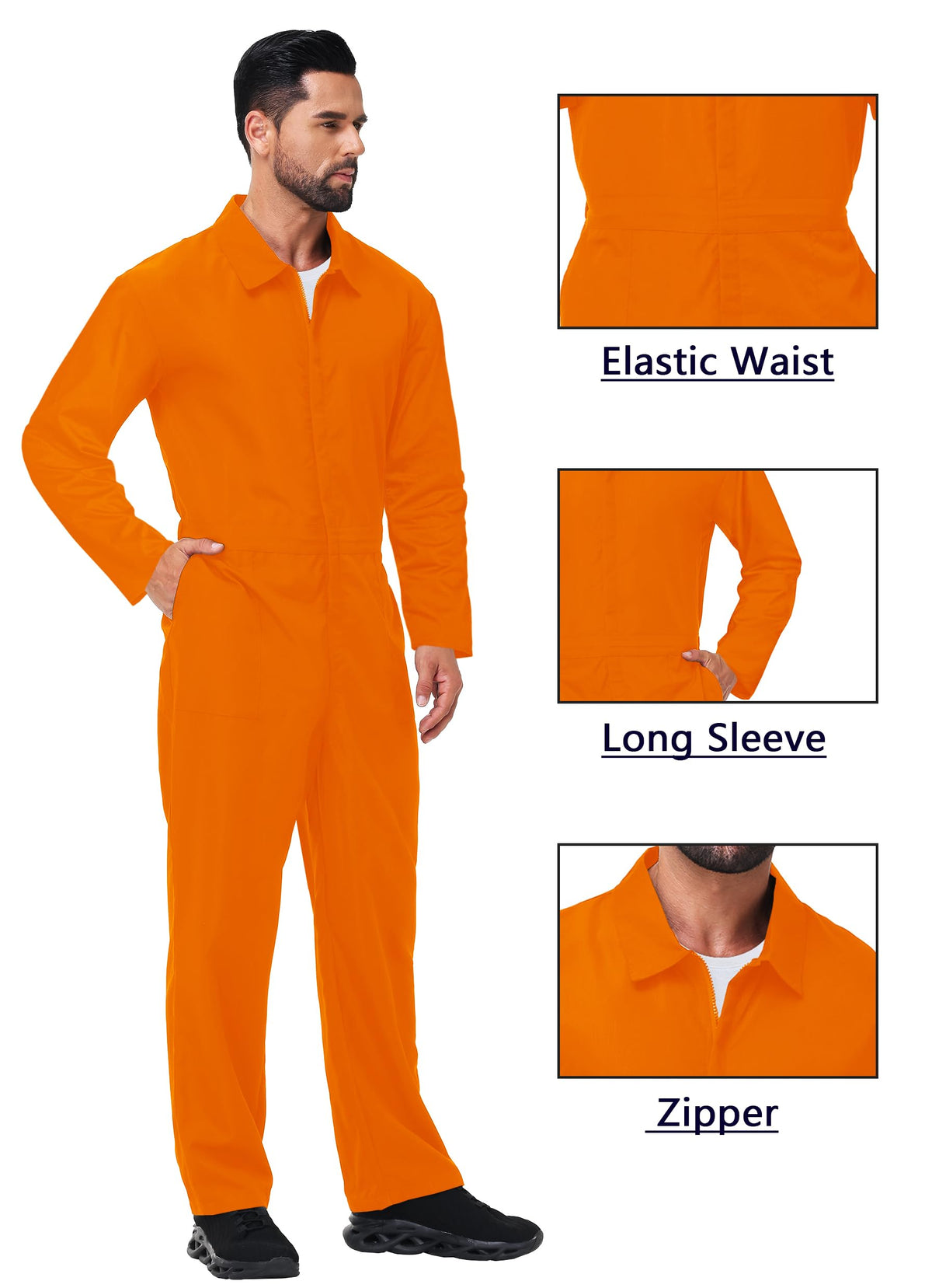 Unisex Jail Uniform Overalls Mens Halloween Long Sleeve Inmate Outfits Orange Jail Uniform Jumpsuit 2XL