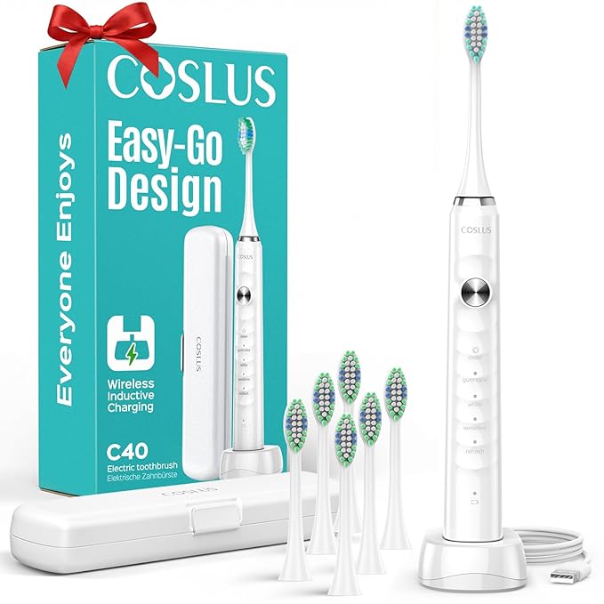 COSLUS Sonic Electric Toothbrush for Kids & Adults: 47000 VPM for Deep Cleaning & Whitening with Travel Case - 5 Modes for Sensitive Teeth & Braces, Wireless Charging, 6 Brush Heads, White (1PC)