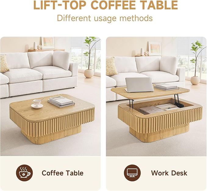 Lift Top Coffee Table for Living Room,Rectangle Handmade Solid Wood Strips, Fluted Coffee Table with Hidden Storage Compartment Small Space Office Apartment (38.6" L×26.8''W×13.8''H-Natural)