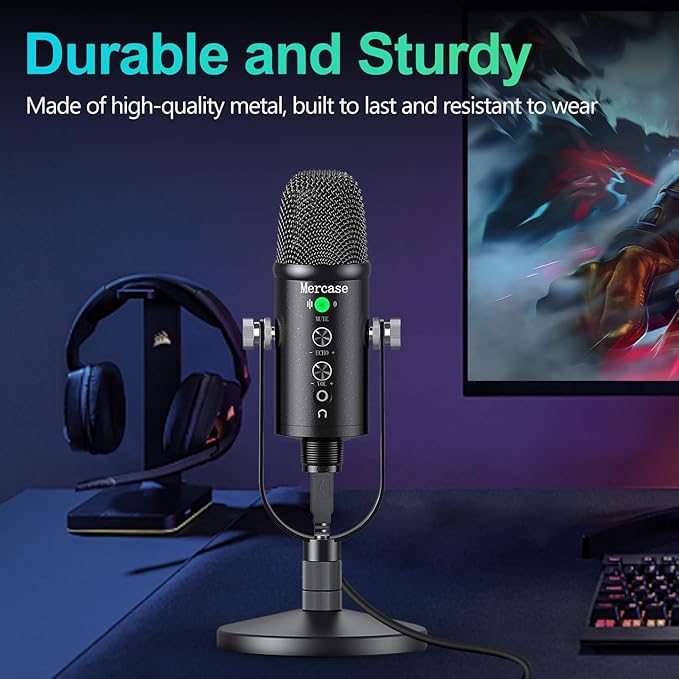 Mercase USB Condenser Microphone for PC, Mac, Phones, PS4/PS5 – Plug & Play Studio Mic with Mute Button & Noise Reduction – for Recording, Streaming, Podcasting, Gaming, Zoom, TikTok, YouTube