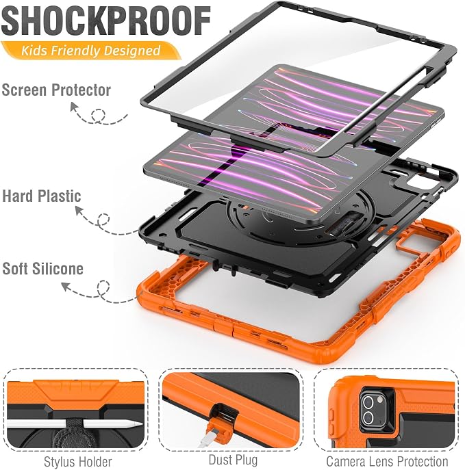 HXCASEAC Case for iPad Pro 12.9 Case (6th 5th 4th 3rd Generation) Shockproof Design | Pencil Holder | Hand Strap | Screen Protector | Heavy Duty Protective iPad 12.9 inch 2022/2021/2020/2018 - Black