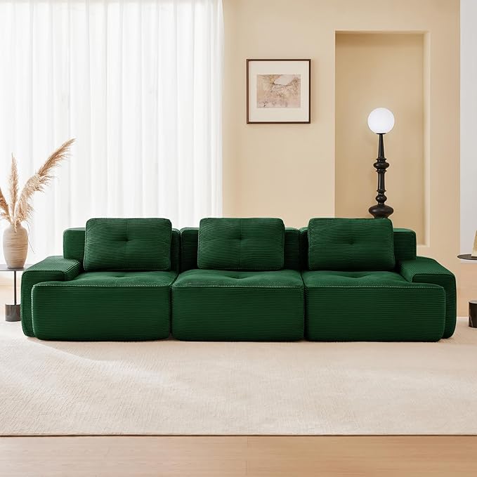 115" Modern Compressed Boneless Couch, 3 Seater Sectional Couches for Living Room, Green Corduroy Cloud Modular Sectional Sofa, Comfy Memory Foam, Extra Deep, Sofas para Sala, No Assembly
