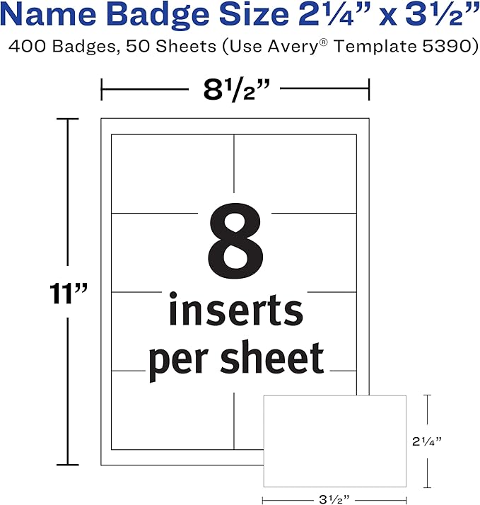 Avery Customizable Name Badge Inserts, 2.25” x 3.5”, White, 400 Printable Name Tag Inserts (5390) (Pack of 5)