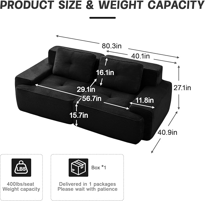 80" Modern Compressed Boneless Love Seat Couches, 2 Seater Large Sectional Couches for Living Room, Black Corduroy Cloud Modular Sectional Sofa, Memory Foam, Extra Deep Loveseat, No Assembly