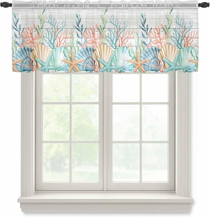 Summer Beach Sheer Valance Curtains, Ocean Colorful Coral Shell Seaweed