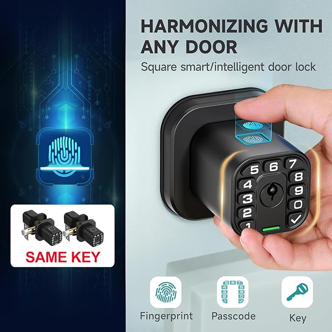 Richelock Fingerprint Door knob, Smart Biometric Door Lock with Keypad, Keyless Entry Code Door Knob, Waterproof & Weatherproof, Auto Lock,Voice Navigation, for Bedroom, Gate,Office