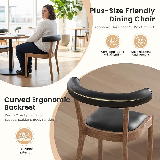 Kmax Dining Room Chairs Mid-Century Modern Leather Kitchen Chairs with Natural Walnut Finished Frame, PU Curved Back, Set of 6, PU Black