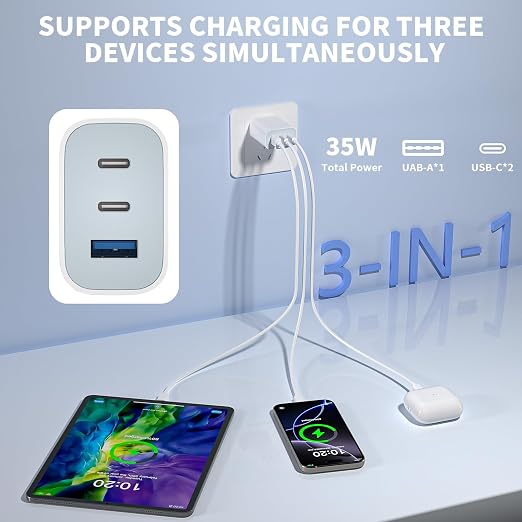 iPhone 17 16 15 Pro Charge Fast Charging2 Pack 35W 3-Port USB C Charger Block &amp 10 Feet Fast Charging USB C Cable CordiPhone 17 Pro Max ChargerCompatible with Apple 17/16/15/e/Plus/ProMax/iPad