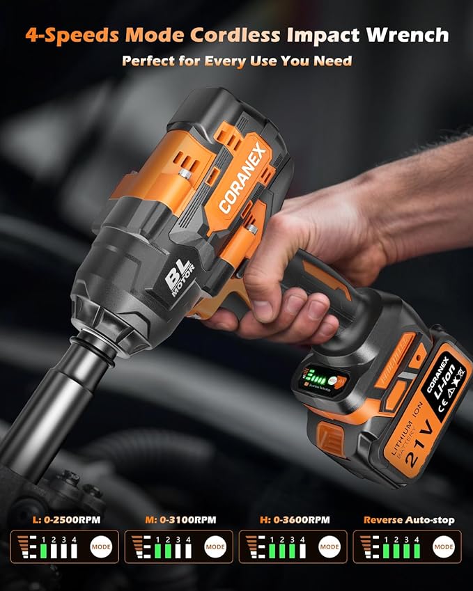 1/2" Cordless Impact Wrench | 1300N.m (960ft-lbs) | 2x4.0Ah Batteries - Longer Runtime | Fast Charger | Variable Speed Control | Brushless Motor High Torque Impact Gun for Auto Repair, Home