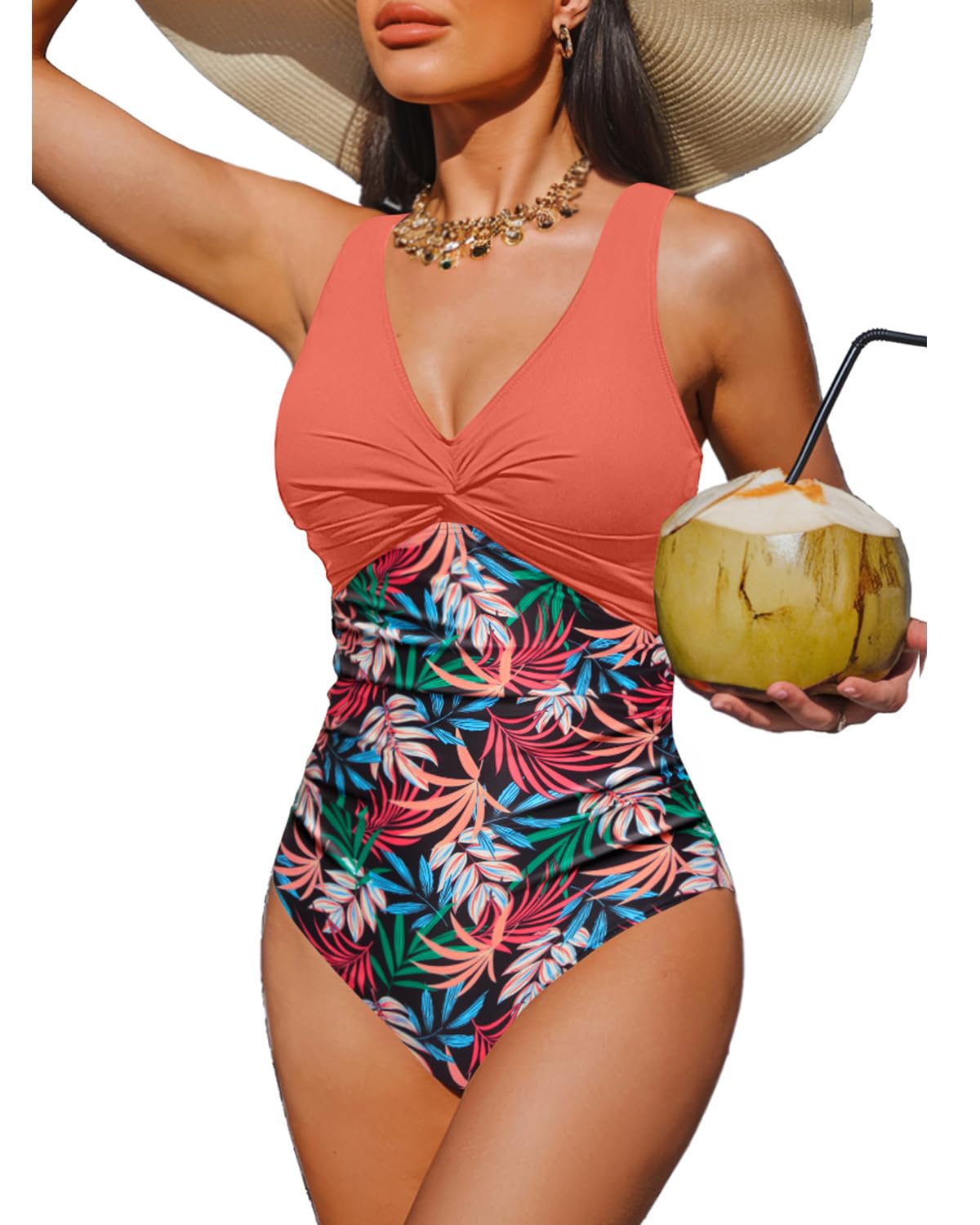 Holipick Coral Pink Leaf Tummy Control One Piece Swimsuit Full Coverage Bathing Suit XXL