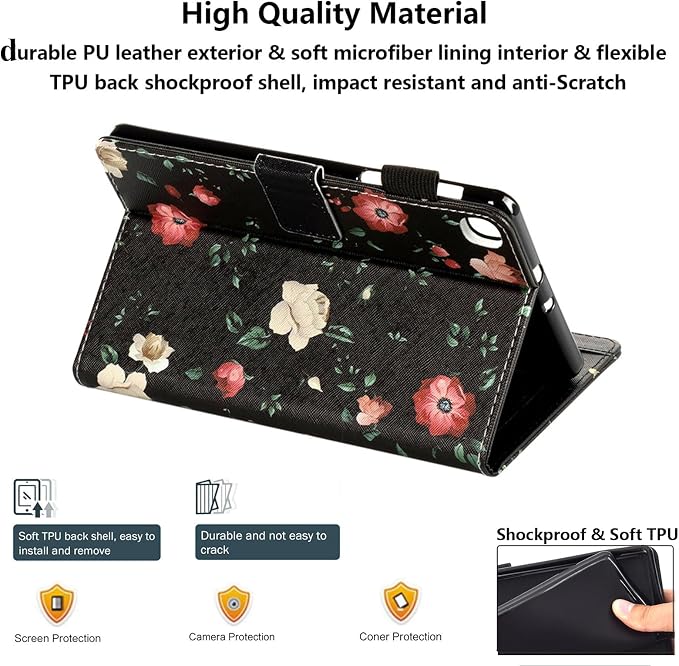 for Galaxy Tab A 8.4 Case 2020 Model (SM-T307/T307U) with Pencil Holder Pockets Multi-Angle Viewing Folio Stand PU Leather Shockproof TPU Cover for Samsung Tab A 8.4 T307 Black Rose Flower