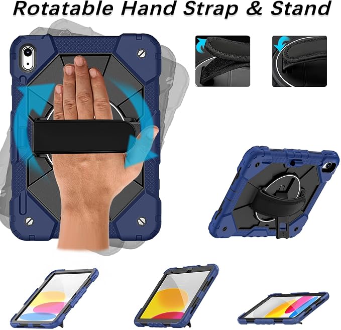 Weuiean Case for iPad A16 11th/10th Generation 11/10.9 Military-Grade Heavy-Duty Shockproof Cover with 360° Rotating Stand Built-in Pencil Holder &amp Adjustable Hand/Shoulder Strap - Black