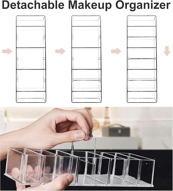 2 Pack Detachable Makeup Organizer, 8 Compartments Acrylic Cosmetic Storage Jewelry Display Boxes, Clear Drawer Organizers Case for Dresser Vanity Bathroom Kitchen