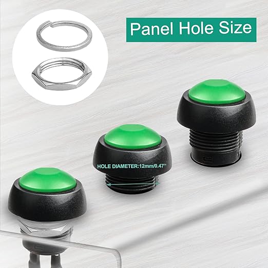 QTEATAK 1/2"(12mm) Pre-Wired Mounting Hole On/Off Green Mini Round Waterproof Momentary Push Button Switch JF-33B -2Pack