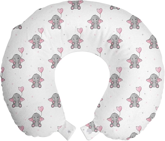 Ambesonne Animal Cartoon Travel Pillow Neck Rest, s Holding Heart Shaped Pink Balloons Girlish Design, Memory Foam Traveling Accessory for Airplane and Car, 12", Pink White