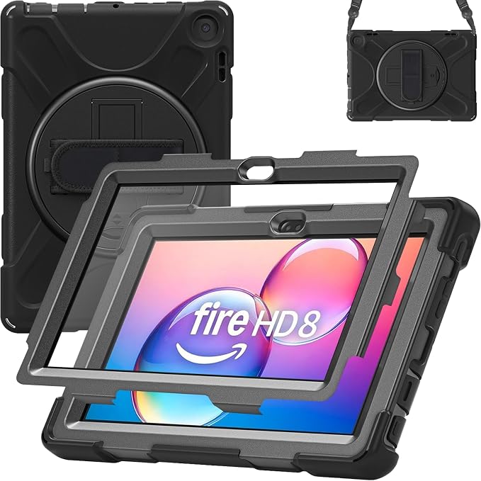 Case for Galaxy Tab S10 FE+ 13.1 2025 with Screen Protector+360 Rotating Hand Strap&ampStand+Shoulder Strap (Black)