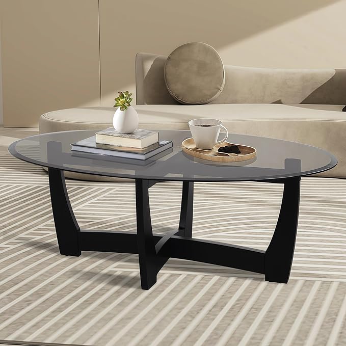 LKTART 48" Oval Glass Coffee Table with Black Tempered Glass Top Cross and Solid Wood Base Simple & Modern Center Table for Living Room Office Apartment Black
