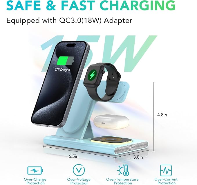 3 in 1 Foldable Wireless Fast Charging Station for Apple Multiple Devices | iPhone Charging Station for iPhone 17 Travel iWatch Charger Stand Light Nightstand Charging Dock for Apple Watch/Airpods