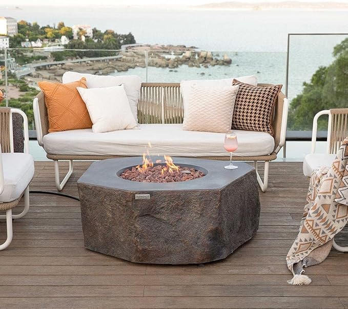 Elementi | Bundle Columbia Gas Fire Pit Cast Concrete Semi-Round Fire Table, Outdoor Fire Pit Electronic Ignition | Canvas Cover, Lava Rock Included | Propane Gas