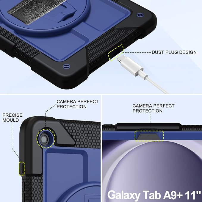 BMOUO for Samsung Galaxy Tab A9+ Plus Case 11 2023 (SM-X210/X216/X218) Shockproof Galaxy Tab A9 Plus Case with Rotating Stand and Hand/Shoulder Strap Black
