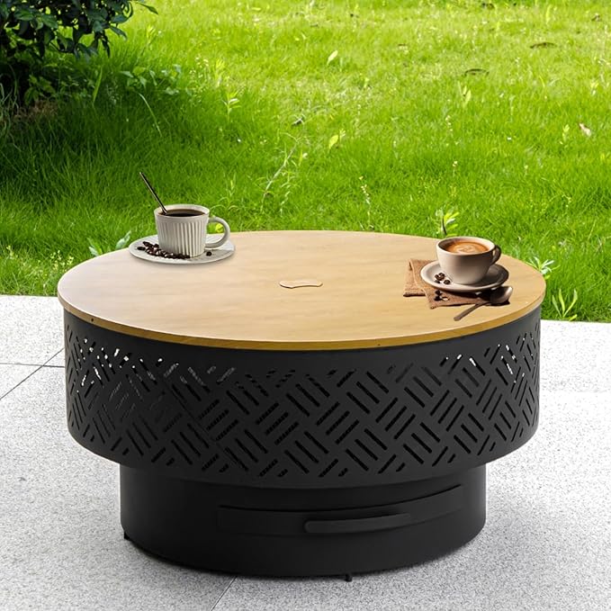 OutVue 26" Wood Burning Fire Pits with Grill & Lid, Fire Pit Table for Outside with Waterproof Cover & Fire Poker, Outdoor Firepit with Functions for BBQ,Table and Bonfire