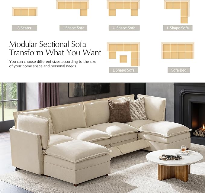 HULALA HOME 128'' Power Recliner Sofa with Dual-Layered Cushions, Oversized Modular Sectional Sofa U Shaped Couch with Storage Ottoman, 6 Seater Cloud Couch for Living Room, Beige
