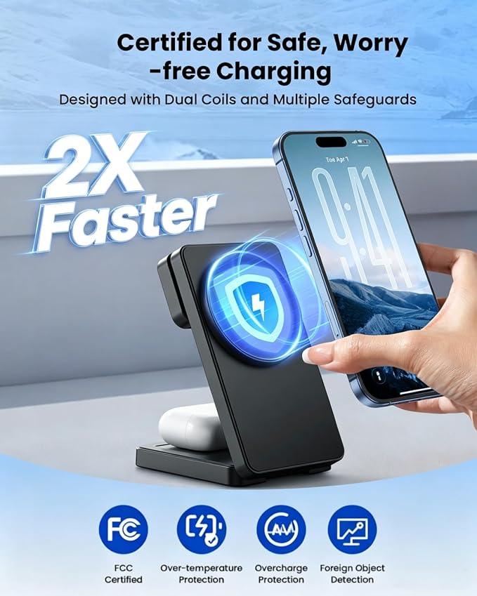 Wireless Charger Stand CIYOYO 3 in 1 Fast Wireless Charging Station Dock for Apple Watch 11/9/8/7/6/SE/5/4/3/2 Airpods 3/2/Pro iPhone 17/16/15/14/14 Plus/14 Pro Max/13/13 Pro/12/12 Pro/SE/X/XR/XS/8