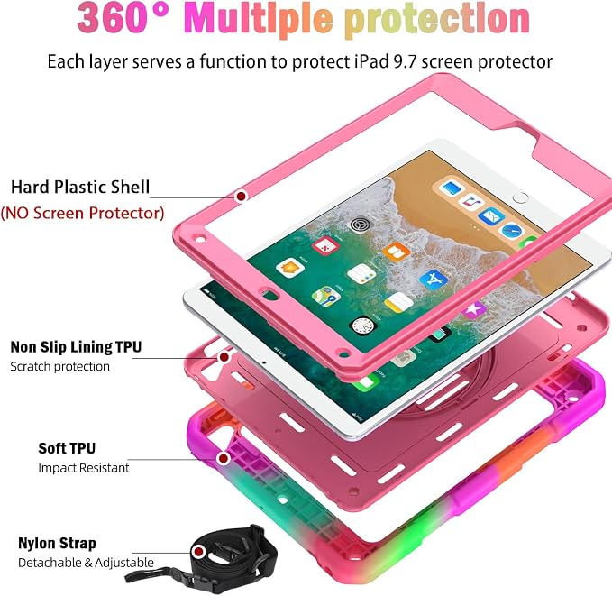 BMOUO Case for iPad 6th/5th Generation Case (9.7 inch 2018/2017) 360°Rotating Stand Hand/Shoulder Strap Shockproof iPad 9.7” Case for iPad Air 2 Black