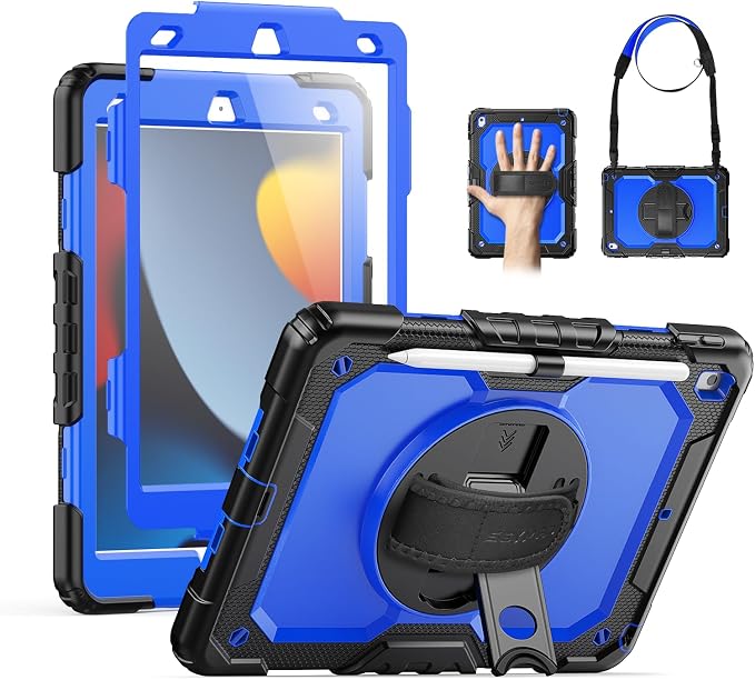 SEYMAC for iPad 9th/8th/7th Generation Case 10.2 2021-2019 Full-Body Shockproof Protective Case with Screen Protector Rotating Stand/Handle/Shoulder Strap for iPad 10.2 Blue/Black