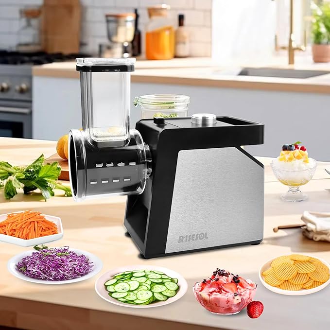 RISESOL 7 in 1 Electric Cheese Grater Ice Shaver with 7 Blades Stainless Steel Multifunctional Vegetable Shredder 250W BPA-Free 110V