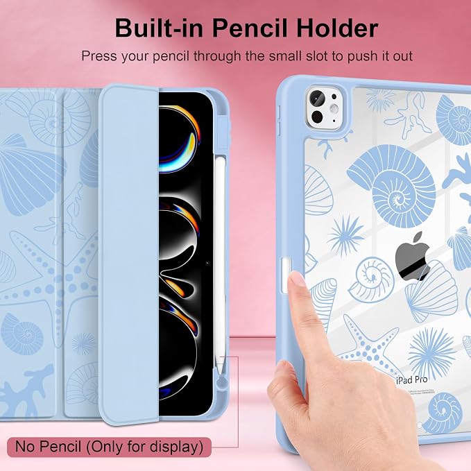 Case for iPad Pro 11 inch M5 2025 /M4 2024 Blue Ribbon Stripe | Blue Ribbon Stripe Folio Case with Clear Back Pencil Holder Trifold Stand and Auto Sleep/Wake for Preppy Aesthetic Users