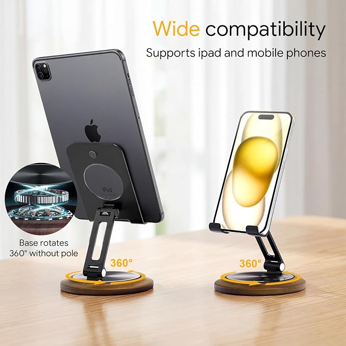 Dual Folding Phone Desk Stand Wood Black | Adjustable Foldable Beside Phone Holder