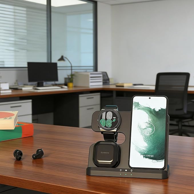 Black 3-in-1 Charging Station Fast Wireless Charger Stand for Phone Watch Earbuds Desktop Dock with Cooling Vents