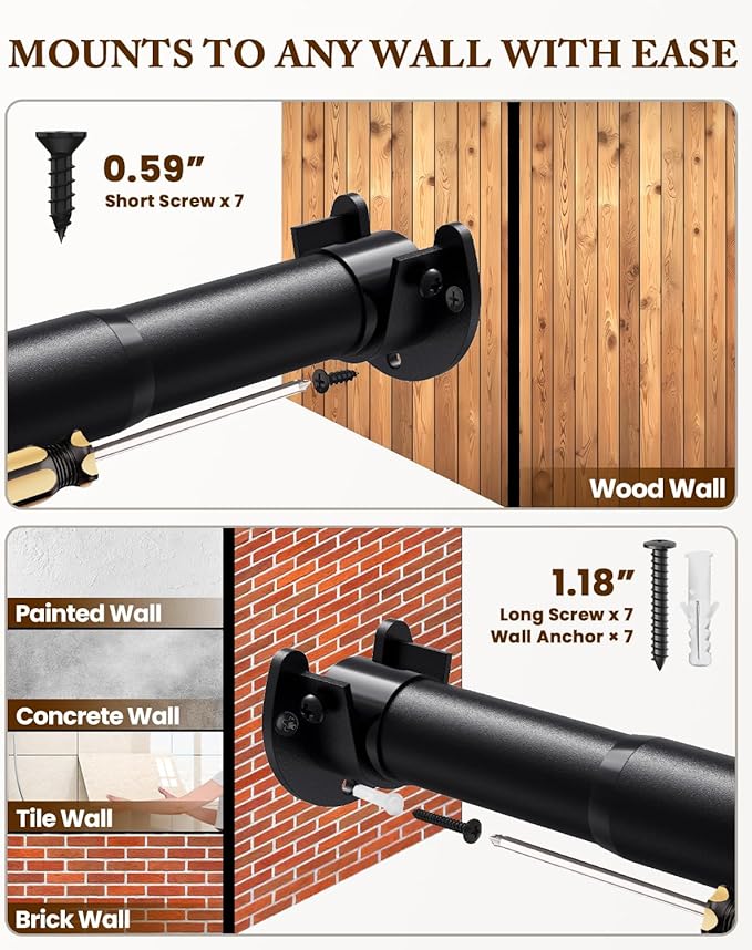 Closet Rod 17-69 IN, Heavy Duty Closet Rods for Hanging Clothes, Adjustable Closet Rods for Wardrobes Storage Laundry RV Bathroom, Easy Install, Black