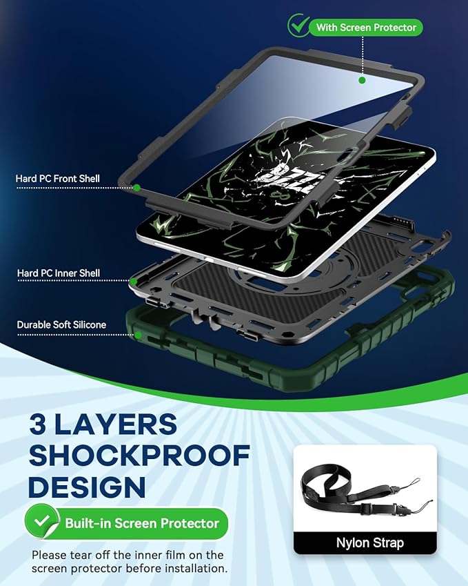 Cantis Case for iPad 11-inch (A16) 2025/ iPad 10th Generation 2022 (10.9 inch) with Screen Protector, iPad 11th Case with 360 Degree Rotating Stand/Shoulder Strap/Pencil Holder, Alpine Green